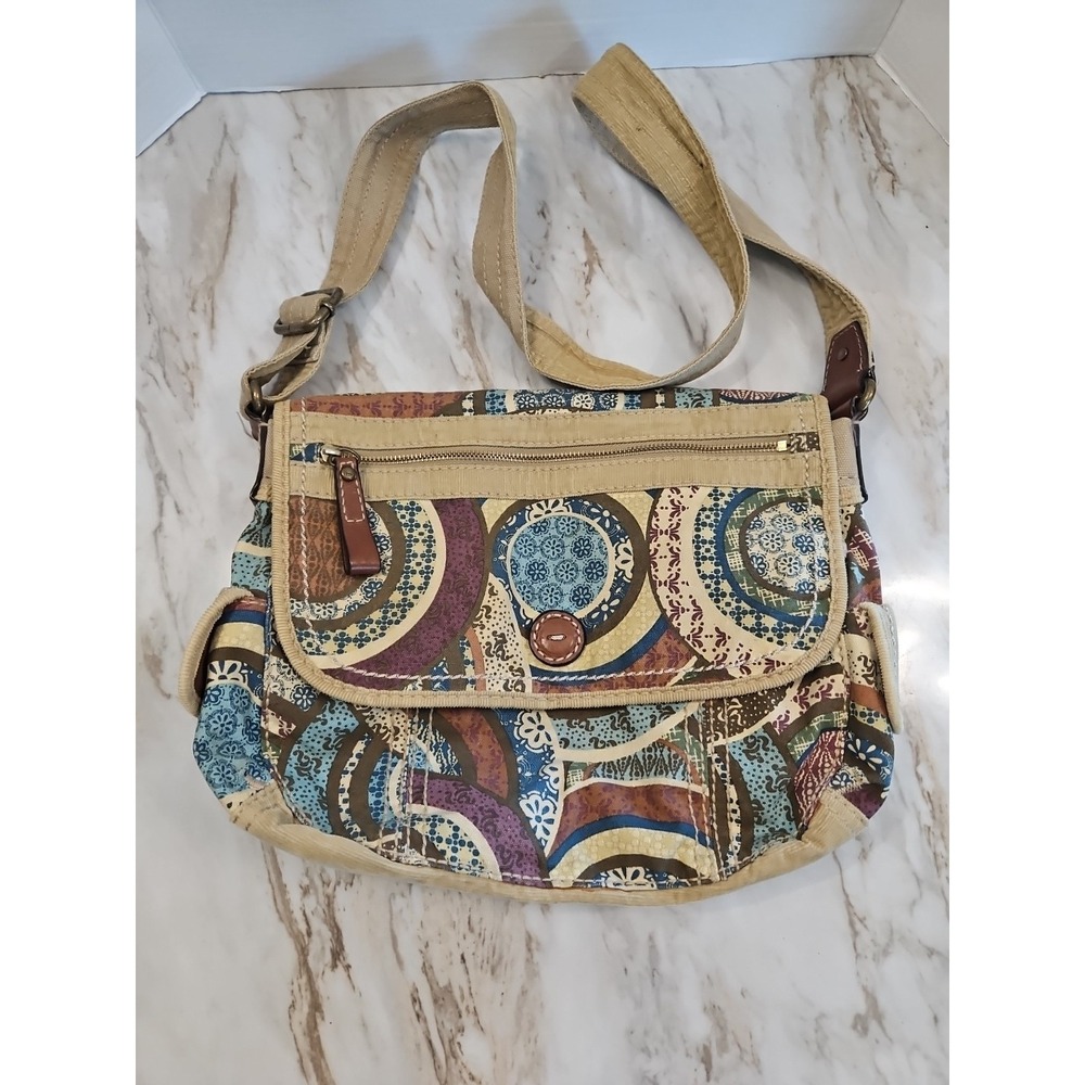 Fossil Floral Stripe Canvas Crossbody Messenger‎ Bag Classic Vintage Look Y2K
